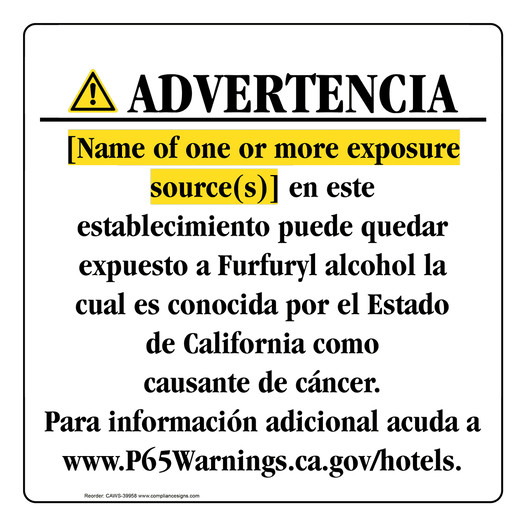 Spanish California Prop 65 Hotel Warning Sign CAWS-39958