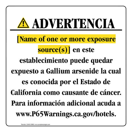 Spanish California Prop 65 Hotel Warning Sign CAWS-39961