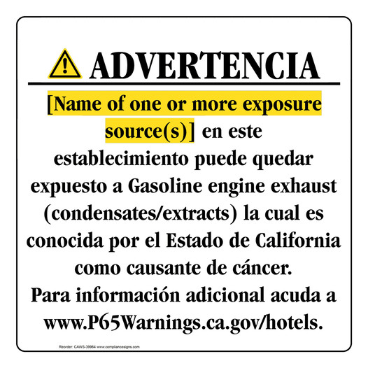 Spanish California Prop 65 Hotel Warning Sign CAWS-39964