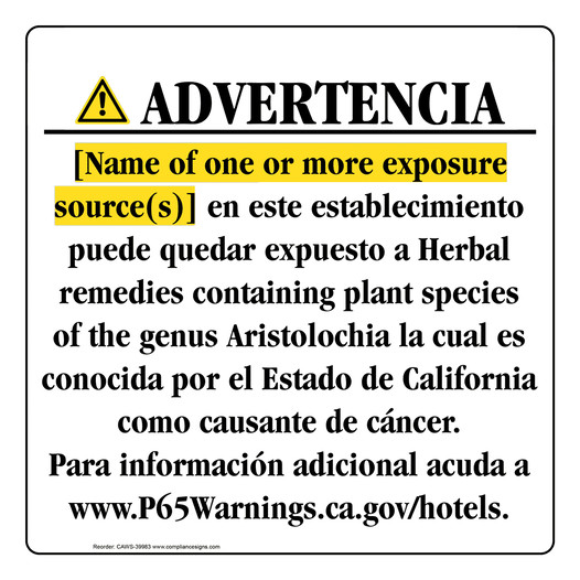 Spanish California Prop 65 Hotel Warning Sign CAWS-39983