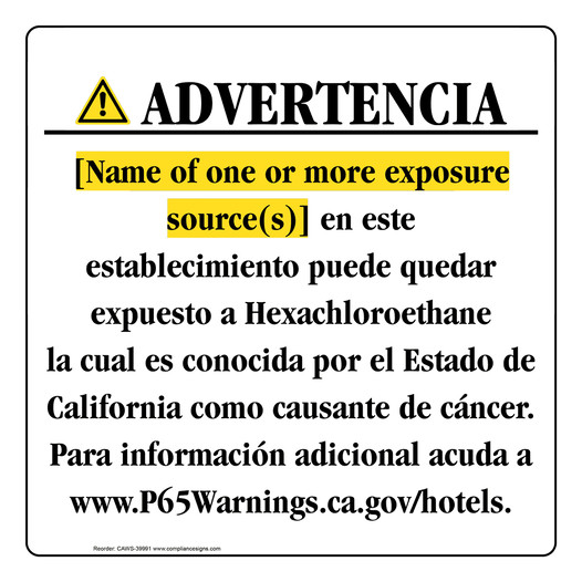 Spanish California Prop 65 Hotel Warning Sign CAWS-39991
