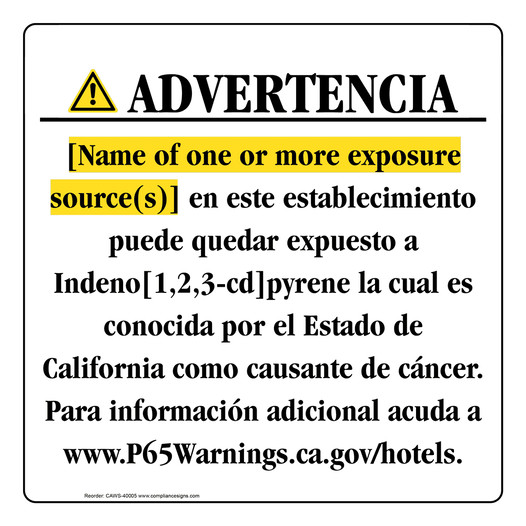 Spanish California Prop 65 Hotel Warning Sign CAWS-40005