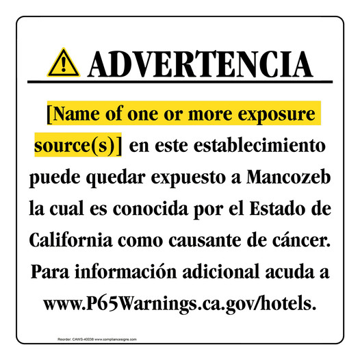 Spanish California Prop 65 Hotel Warning Sign CAWS-40038