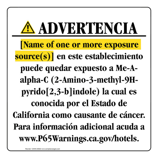 Spanish California Prop 65 Hotel Warning Sign CAWS-40042