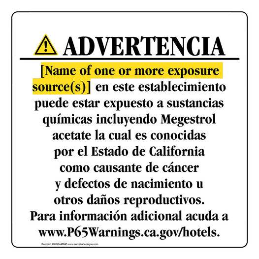 Spanish California Prop 65 Hotel Warning Sign CAWS-40045