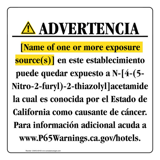 Spanish California Prop 65 Hotel Warning Sign CAWS-40103