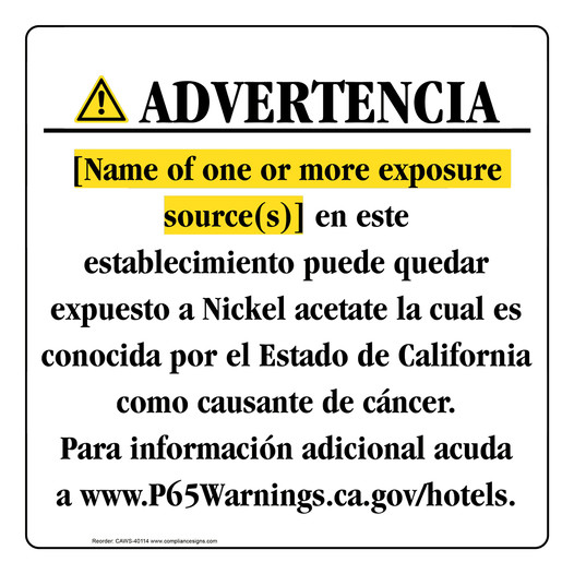 Spanish California Prop 65 Hotel Warning Sign CAWS-40114