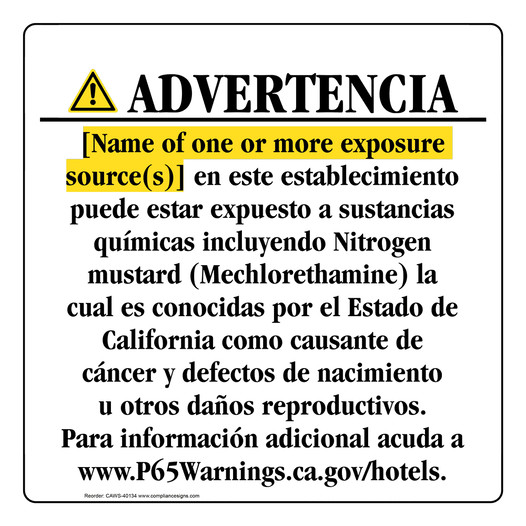 Spanish California Prop 65 Hotel Warning Sign CAWS-40134