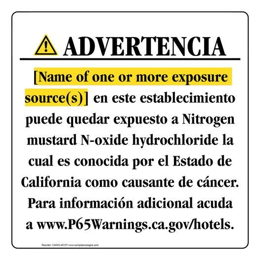 Spanish California Prop 65 Hotel Warning Sign CAWS-40137