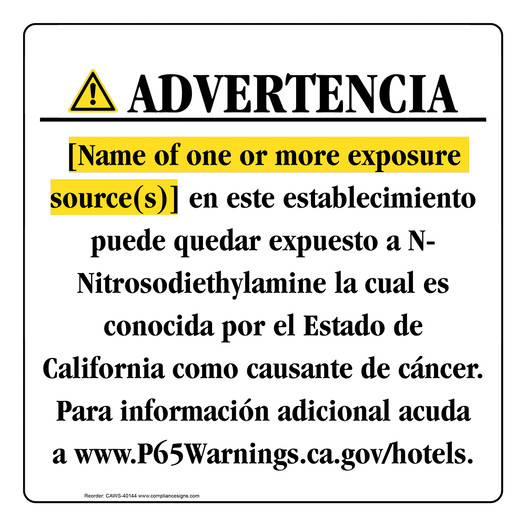 Spanish California Prop 65 Hotel Warning Sign CAWS-40144