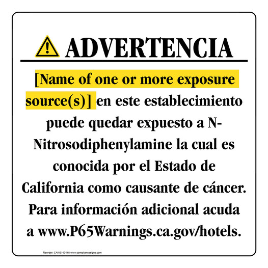 Spanish California Prop 65 Hotel Warning Sign CAWS-40148
