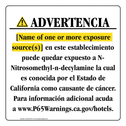 Spanish California Prop 65 Hotel Warning Sign CAWS-40151