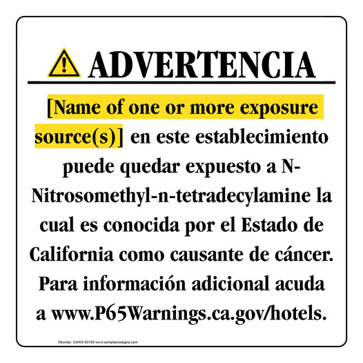 Spanish California Prop 65 Hotel Warning Sign CAWS-40159