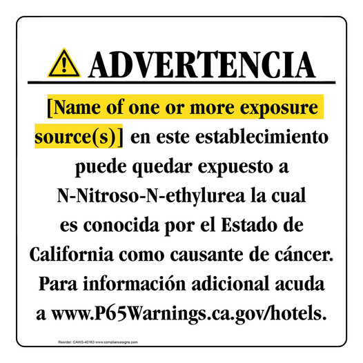 Spanish California Prop 65 Hotel Warning Sign CAWS-40163