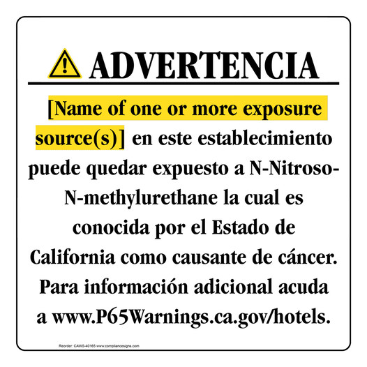Spanish California Prop 65 Hotel Warning Sign CAWS-40165