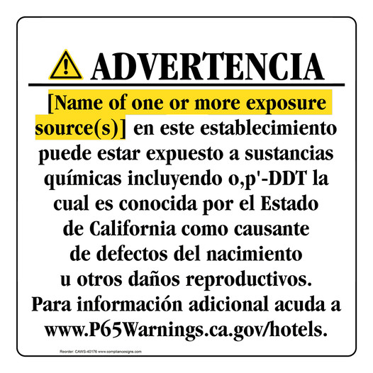 Spanish California Prop 65 Hotel Warning Sign CAWS-40176