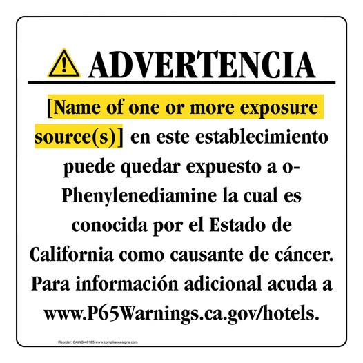 Spanish California Prop 65 Hotel Warning Sign CAWS-40185