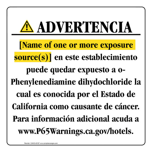 Spanish California Prop 65 Hotel Warning Sign CAWS-40187