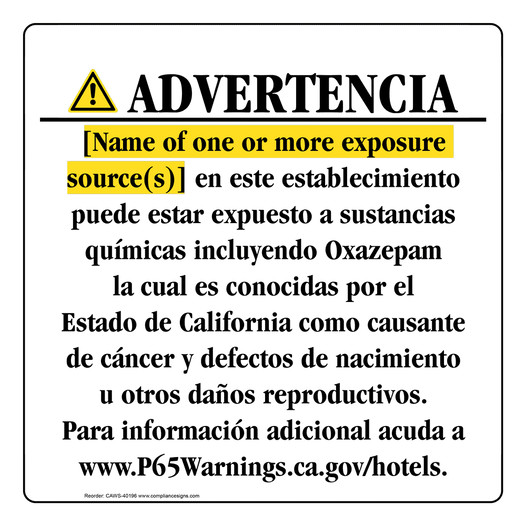 Spanish California Prop 65 Hotel Warning Sign CAWS-40196