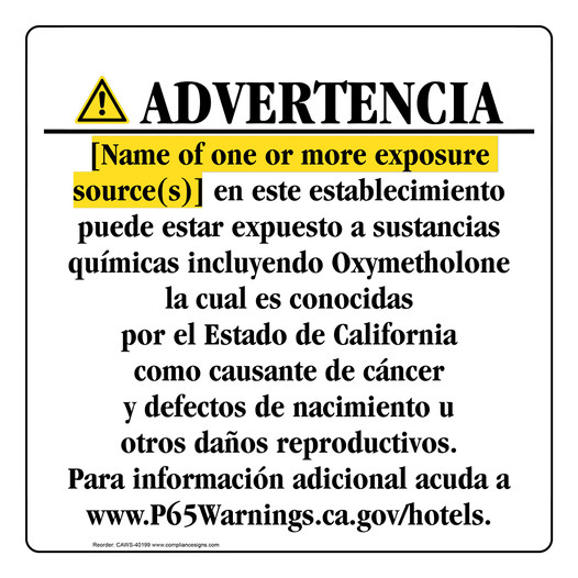Spanish California Prop 65 Hotel Warning Sign CAWS-40199