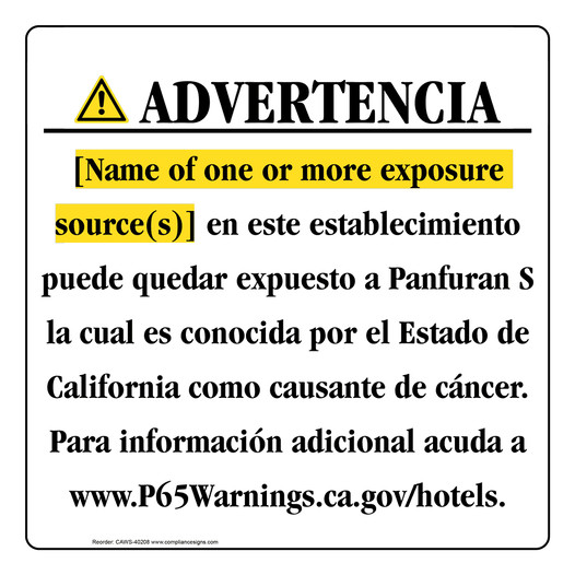 Spanish California Prop 65 Hotel Warning Sign CAWS-40208
