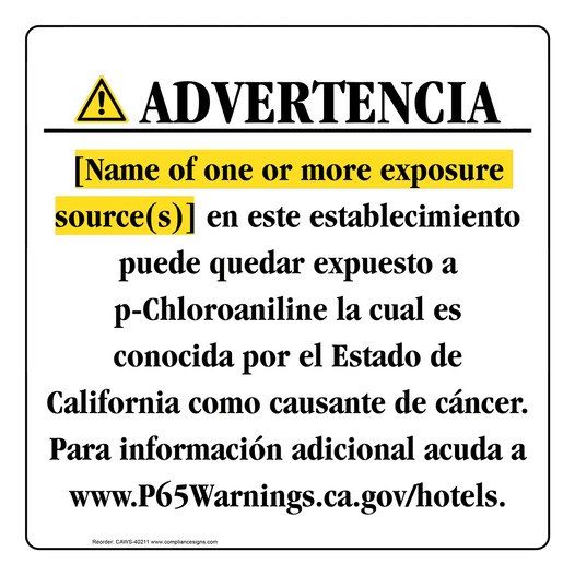Spanish California Prop 65 Hotel Warning Sign CAWS-40211
