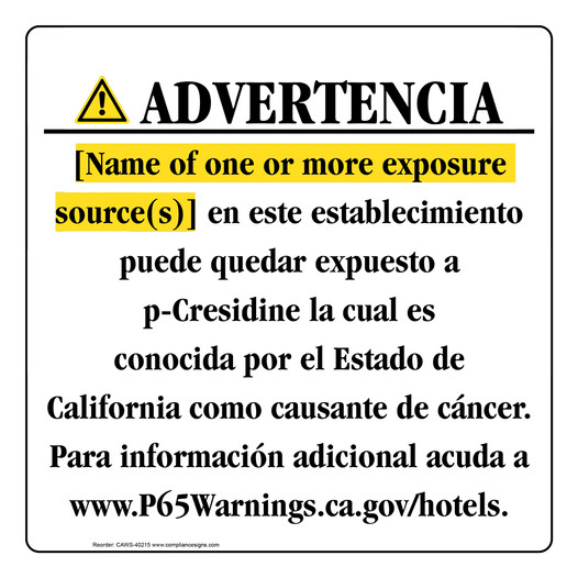 Spanish California Prop 65 Hotel Warning Sign CAWS-40215