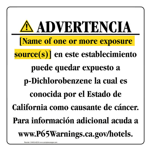 Spanish California Prop 65 Hotel Warning Sign CAWS-40216