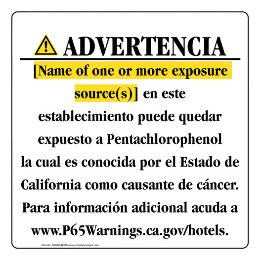 Spanish California Prop 65 Hotel Warning Sign CAWS-40220