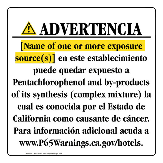 Spanish California Prop 65 Hotel Warning Sign CAWS-40221