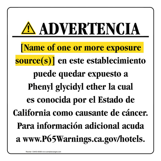 Spanish California Prop 65 Hotel Warning Sign CAWS-40300