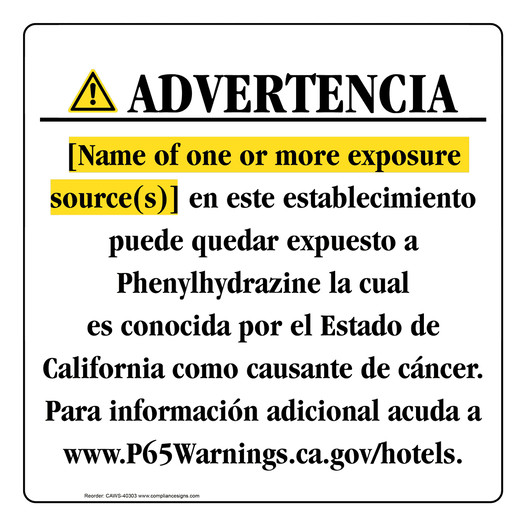 Spanish California Prop 65 Hotel Warning Sign CAWS-40303