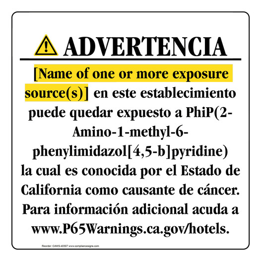 Spanish California Prop 65 Hotel Warning Sign CAWS-40307