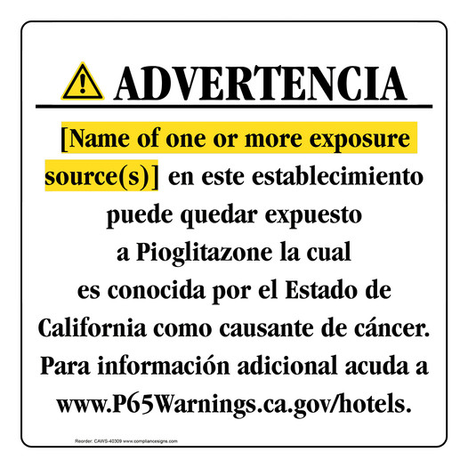 Spanish California Prop 65 Hotel Warning Sign CAWS-40309