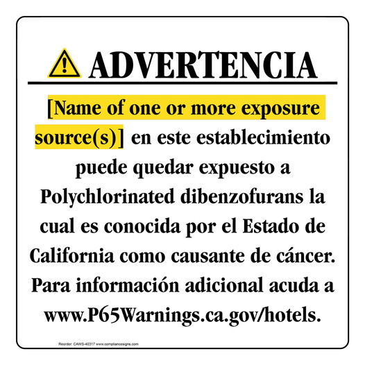 Spanish California Prop 65 Hotel Warning Sign CAWS-40317