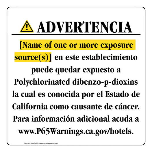Spanish California Prop 65 Hotel Warning Sign CAWS-40318