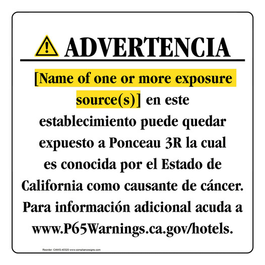 Spanish California Prop 65 Hotel Warning Sign CAWS-40320
