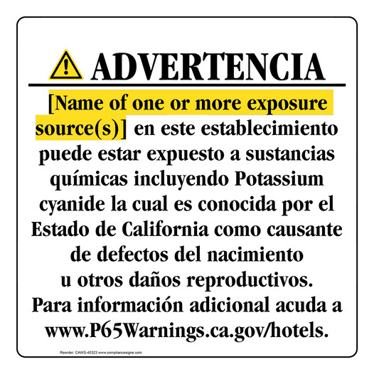 Spanish California Prop 65 Hotel Warning Sign CAWS-40323