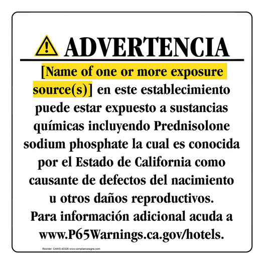 Spanish California Prop 65 Hotel Warning Sign CAWS-40326