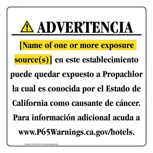 Spanish California Prop 65 Hotel Warning Sign CAWS-40333