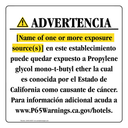Spanish California Prop 65 Hotel Warning Sign CAWS-40337