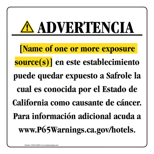 Spanish California Prop 65 Hotel Warning Sign CAWS-40355