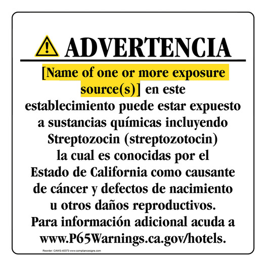 Spanish California Prop 65 Hotel Warning Sign CAWS-40373