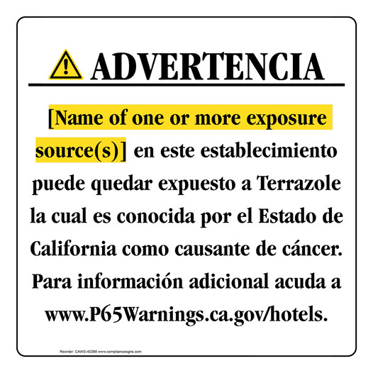 Spanish California Prop 65 Hotel Warning Sign CAWS-40388