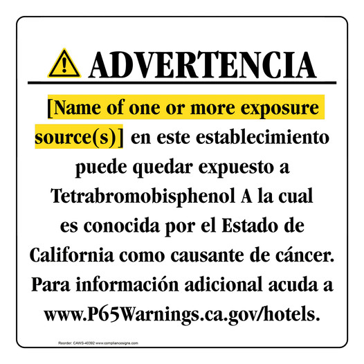 Spanish California Prop 65 Hotel Warning Sign CAWS-40392