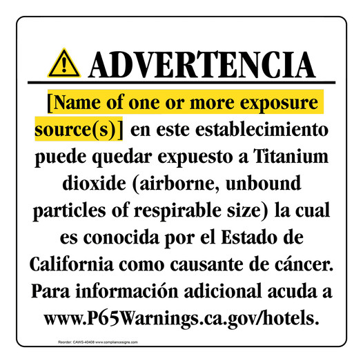 Spanish California Prop 65 Hotel Warning Sign CAWS-40408