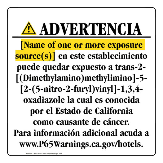 Spanish California Prop 65 Hotel Warning Sign CAWS-40418