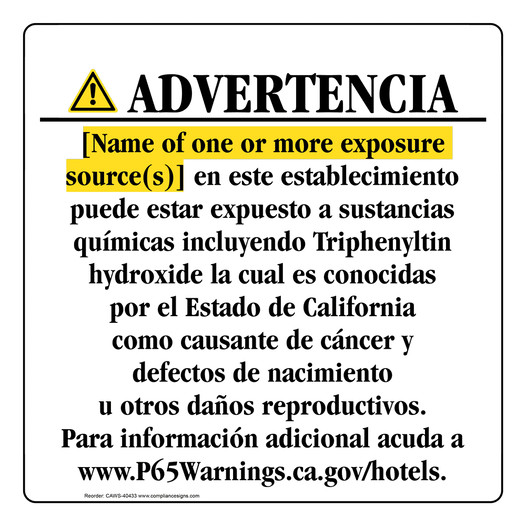 Spanish California Prop 65 Hotel Warning Sign CAWS-40433