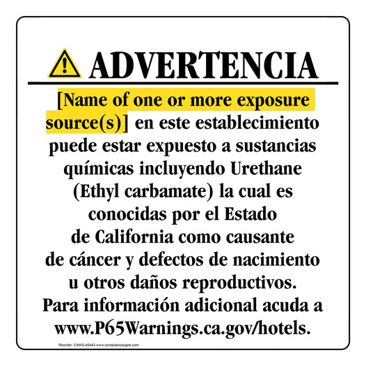Spanish California Prop 65 Hotel Warning Sign CAWS-40443