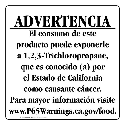 Spanish California Prop 65 Food Warning Sign CAWS-40470